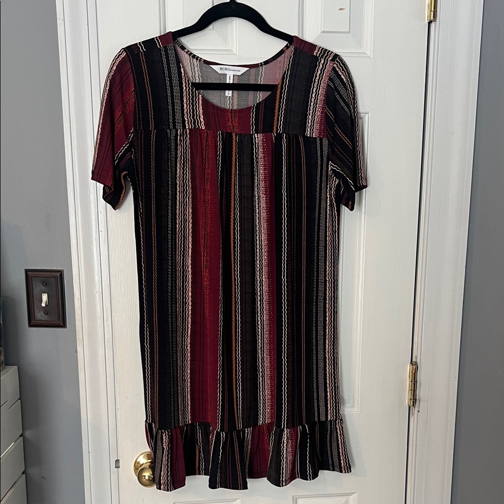 BCBG Striped Ruffle Hem Dress - Black and Pinks Size Small
